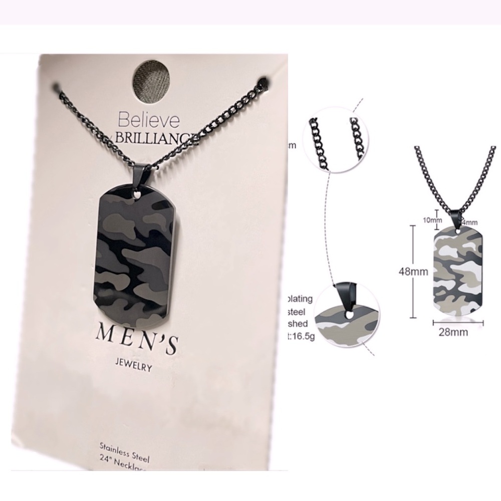 Camouflage dog tag necklace nwt metallic grey black silver 24in stainless steel